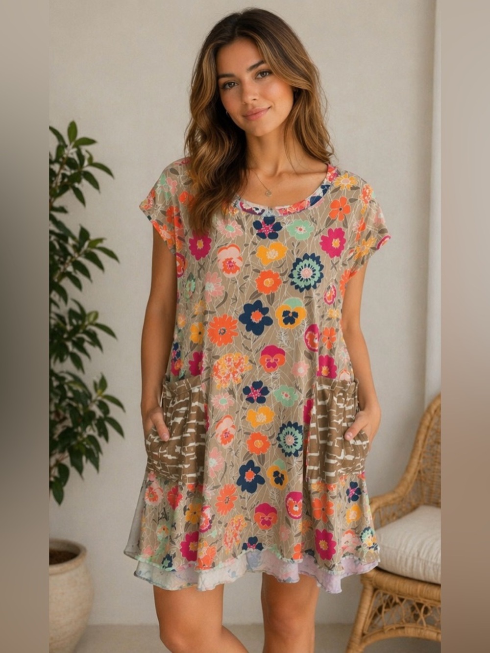 Mama Hen Floral Boho Ruffle Hem   Cottagecore Front Pocket Mini Dress Size XXL